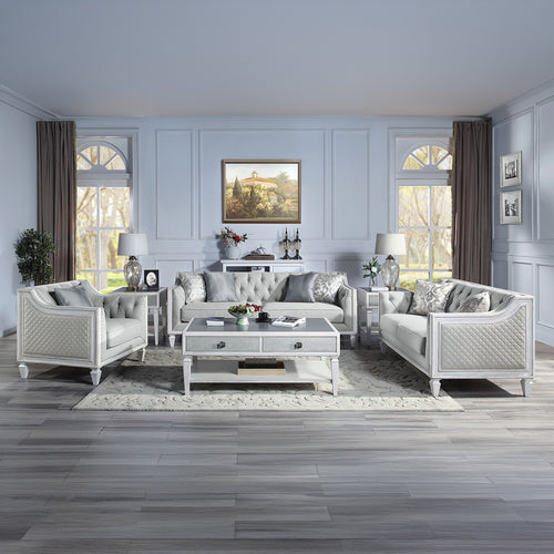 Katia Living Room Collection - Button Tufted Lawson Loveseat & Chair in Light Gray Linen & Weathered White
