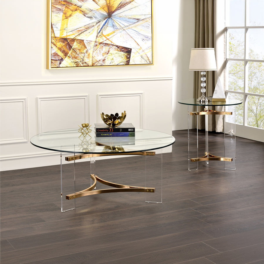Sosi Round Glass Coffee & End Table - Acrylic & Metal Base in Gold