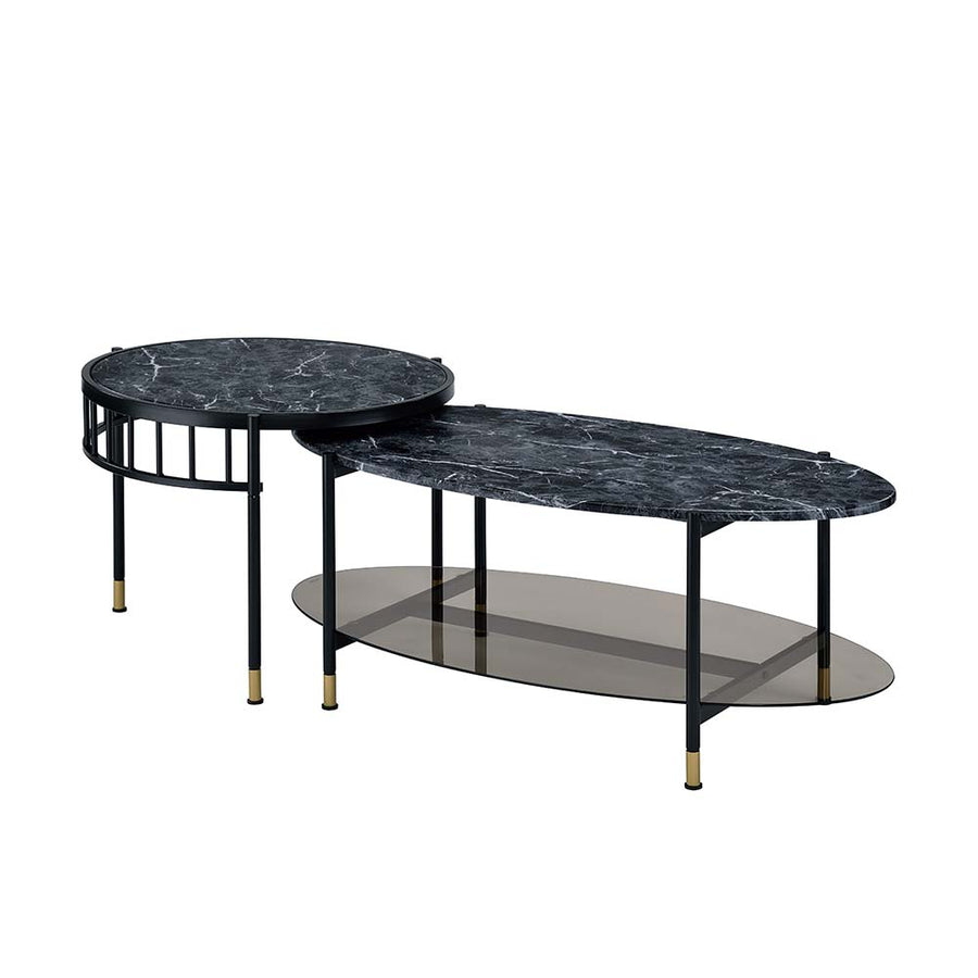 Silas 2-Piece Nesting Coffee Table Set - Marble Grain Top & Black Metal Frame