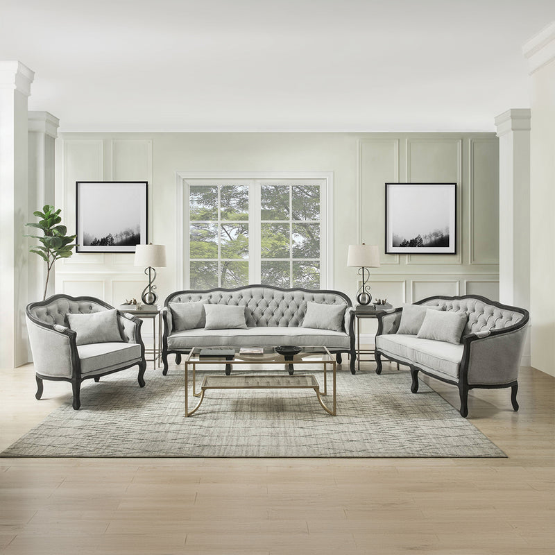 Samael Living Room Collection - Carved Wood Camelback Loveseat & Fauteuil Chair in Gray Linen