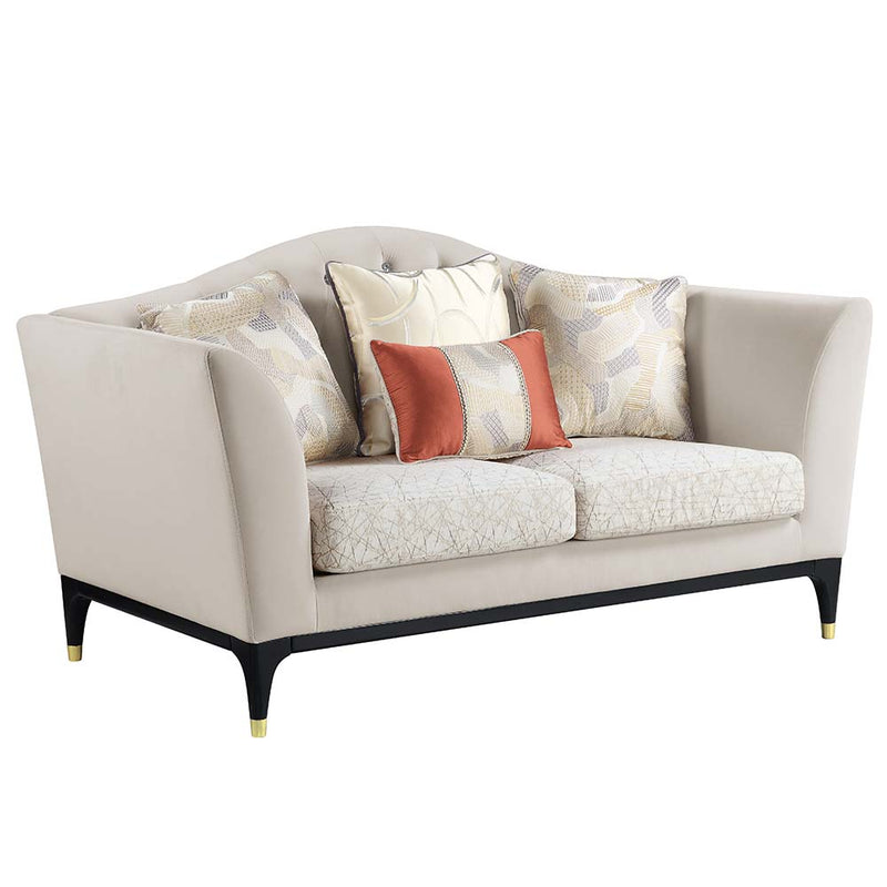 Tayden Camel Back Loveseat & Chair - Crystal Button Tufting in Beige Velvet with Marble End Table