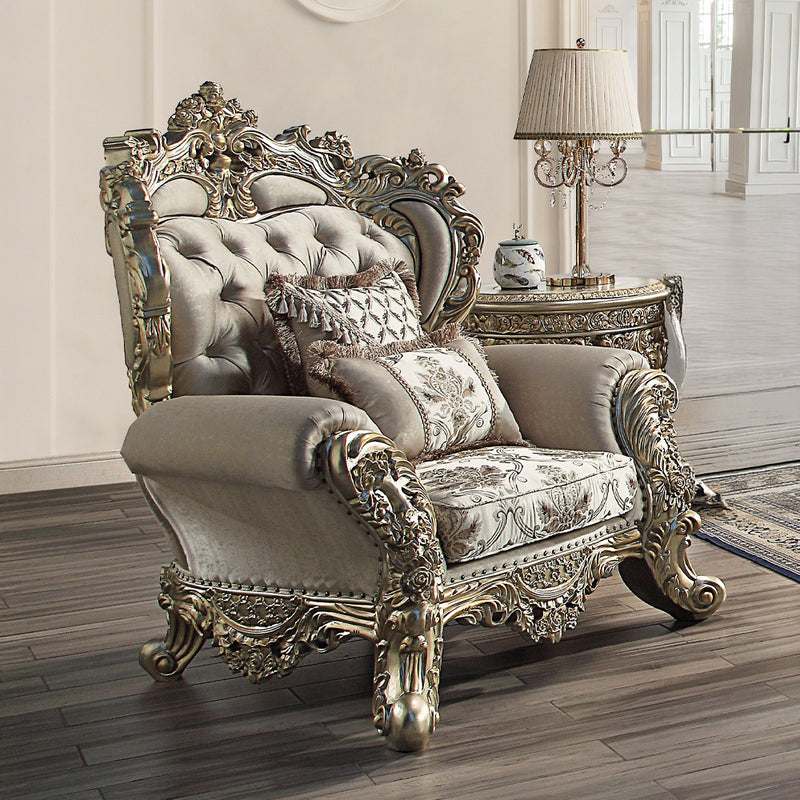 Danae Royal Accent Collection - Tufted Chair, Bench, Mirror & Electric Fireplace in Champagne & Gold