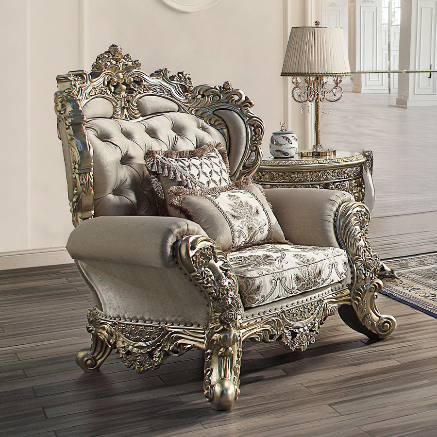 Danae Royal Accent Collection - Tufted Chair, Bench, Mirror & Electric Fireplace in Champagne & Gold