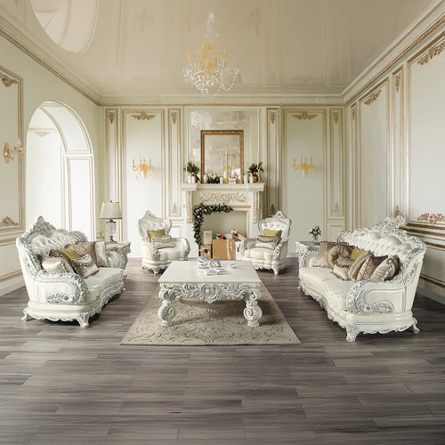 Adara Rococo Sofa, Loveseat & Chair - Camel Back, Diamond Tufting & Carved Frame in Pearl White & Antique White
