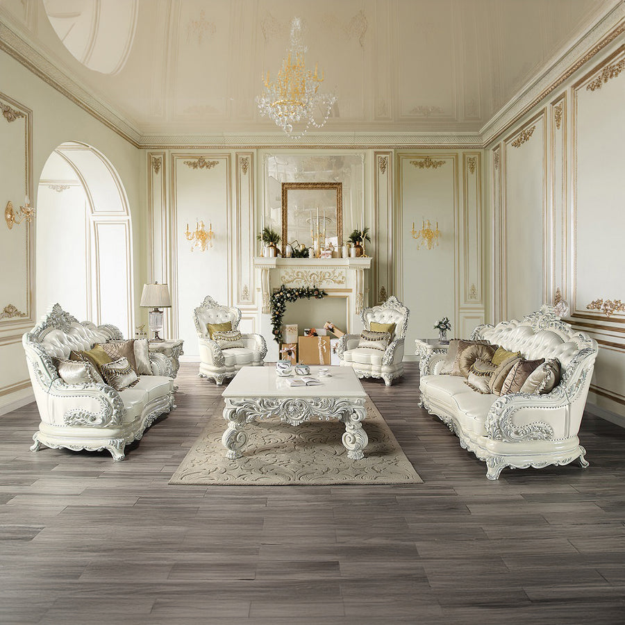 Adara Rococo Sofa, Loveseat & Chair - Camel Back, Diamond Tufting & Carved Frame in Pearl White & Antique White