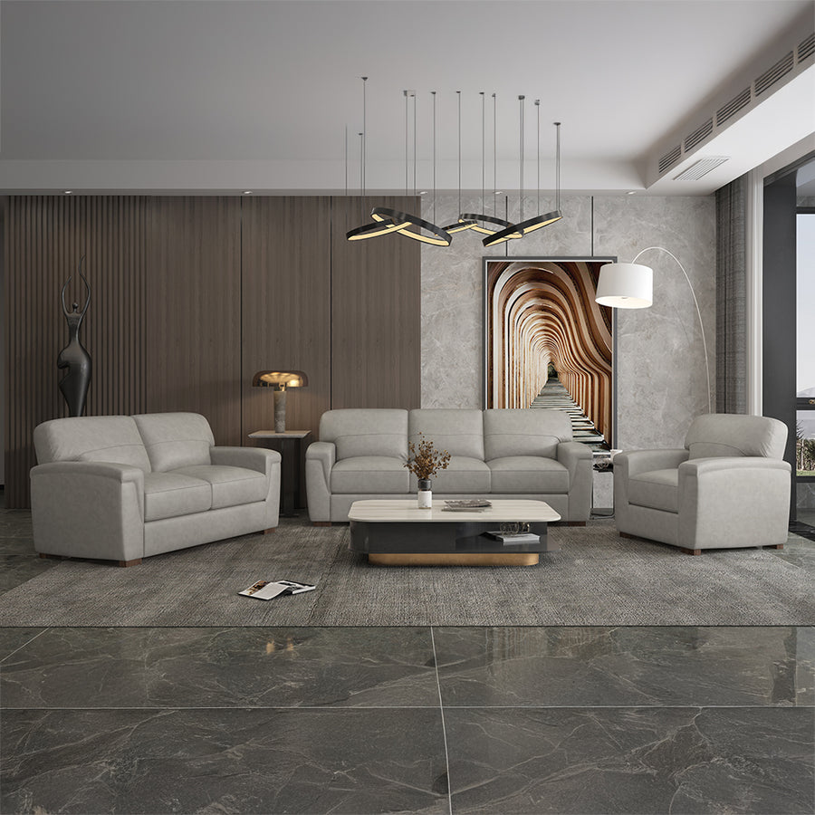 Cornelia Top Grain Leather Loveseat & Chair - Mid-Century Tapered Legs in Pearl Gray | Made in Italy