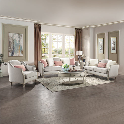 Kasa Camel-Back Sofa Collection & Stone-Top Tables - Beige Linen with Champagne Wood Trim