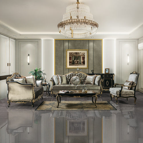 Betria Velvet Loveseat & Ornamental Mirror - Gold Carved Details & Black High Gloss
