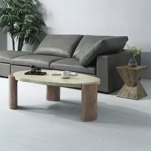 Jacinda Coffee Table - Oblong Fiber Concrete Top & Faux Wood Legs in Weathered Gray & Oak