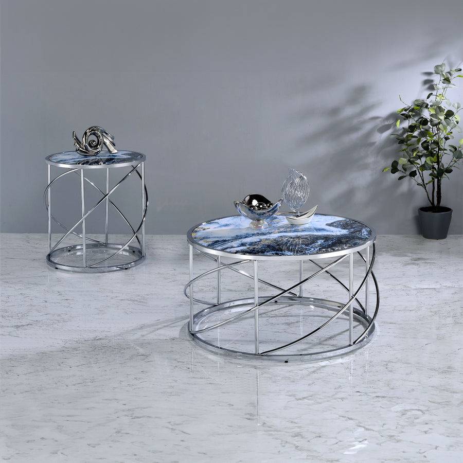 Lyda Round Coffee & End Table - Spherical Chrome Base & Blue Faux Marble Top