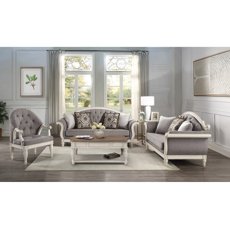 Florian Rolled Arm Sofa, Loveseat & Chair - Button-Tufted Gray Fabric & Antique White Wood Trim