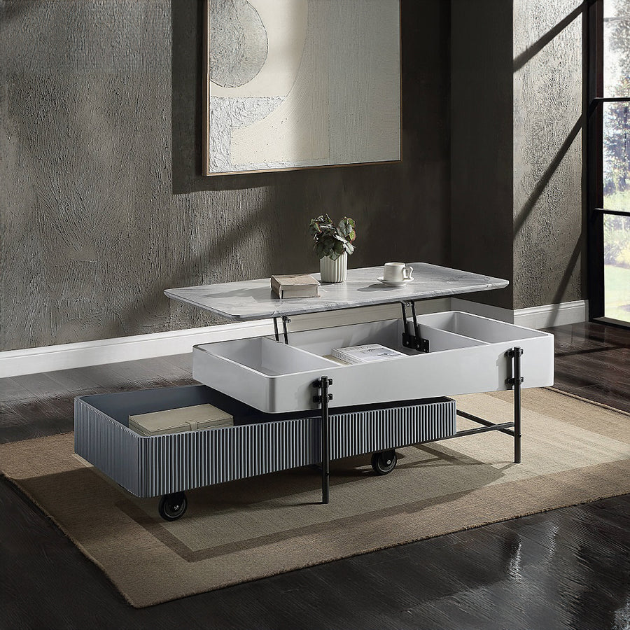 Wilkins Lift-Top Coffee Table - Hidden Storage & Pull-Out Box in White & Gray High Gloss