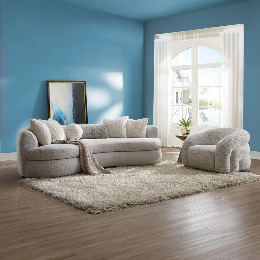 Irma Swivel Accent Chair - 360-Degree Swivel & Curved Padded Arms in Gray Boucle
