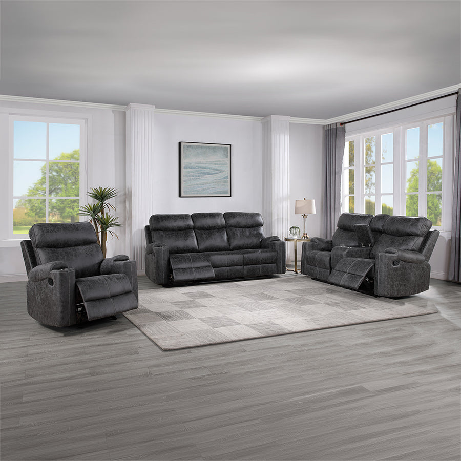 Hirah Motion Sofa, Loveseat & Glider Recliner - Pocket Coil Seating & Cup Holders in Dark Gray Microfiber