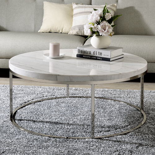 Zaidee Natural Marble Top Round Coffee & Nesting Tables - Metal Base in Nickel or Champagne