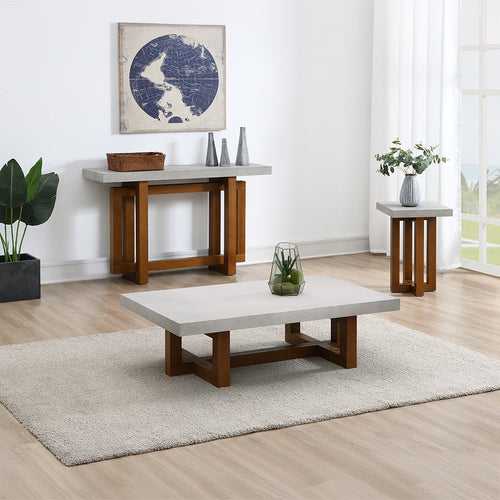 Keven Industrial Occasional Tables - Faux Concrete Tops on Cross-Shape Walnut Bases