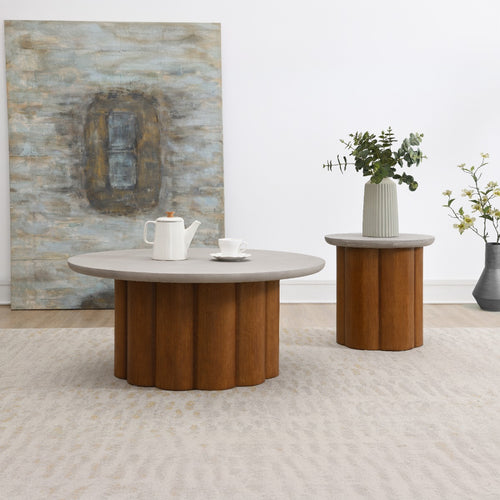 Evelyn Round End Table - Faux Concrete Top & Walnut Base