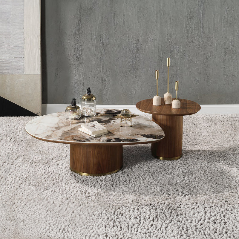 Willene Ceramic Top Coffee Table, End Table & TV Stand - Modern Pedestal Design in Dark Oak