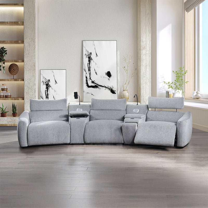 Fullar Modular Power Reclining Sectional Pieces - Wireless Charging & Speaker Consoles in Light Gray Chenille
