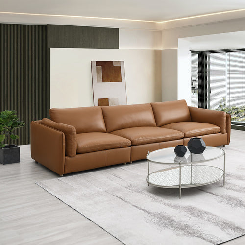 Brighton Modular Leather Sectional - Feather Down Seats & Solid Wood Legs in Brown Top Grain Leather