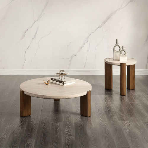 Leonardo Travertine-Top Round Coffee & End Tables - Thick Stone Tops on Dark Oak Bases