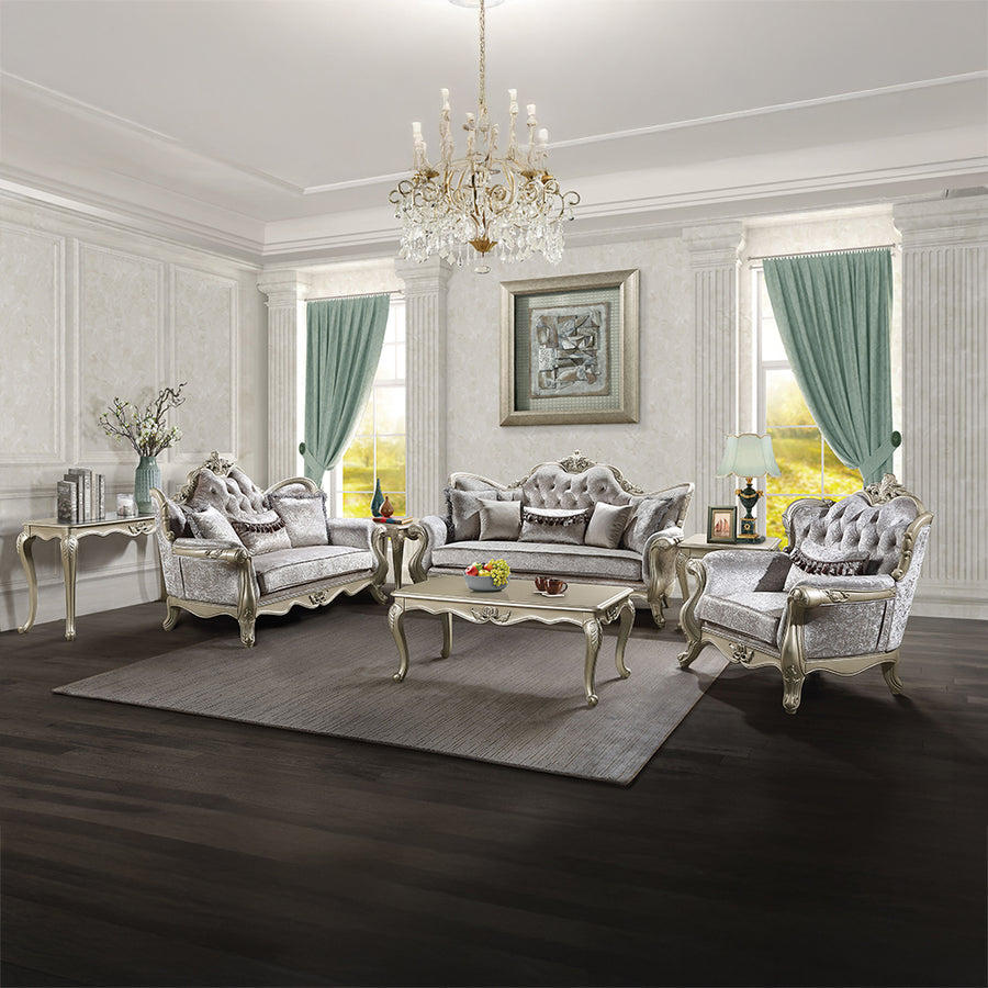 Libertee Sofa & Loveseat - Button Tufted Back & Floral Trim in Beige Fabric with Champagne