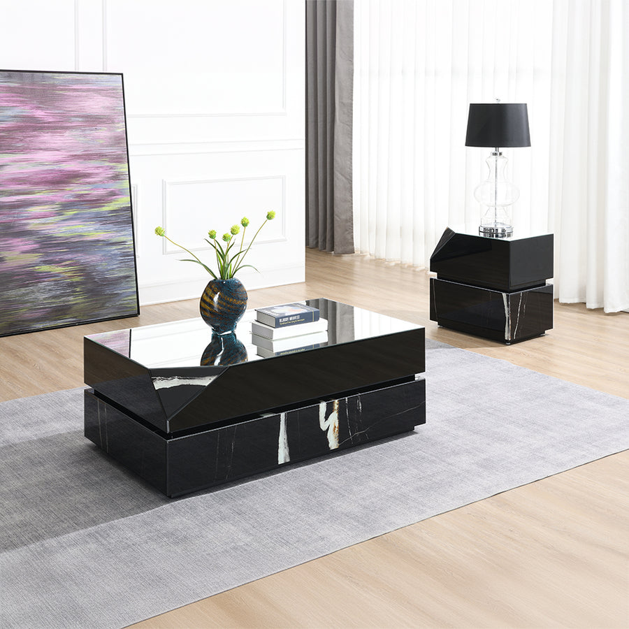 Drisana Living Room Collection - Black Mirrored Marble Grain Tables, Fireplace TV Stand & Accent Mirror