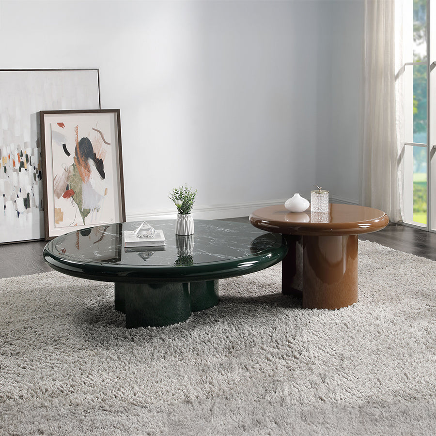 Ronald Round Coffee & End Table - Marble Pattern Top with Dark Green & Brown High Gloss