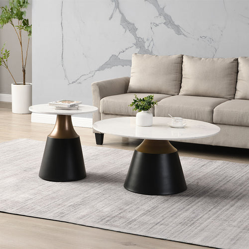 Jaramillo Round Coffee & End Table - White Marble-Look Top on Black Metal Base