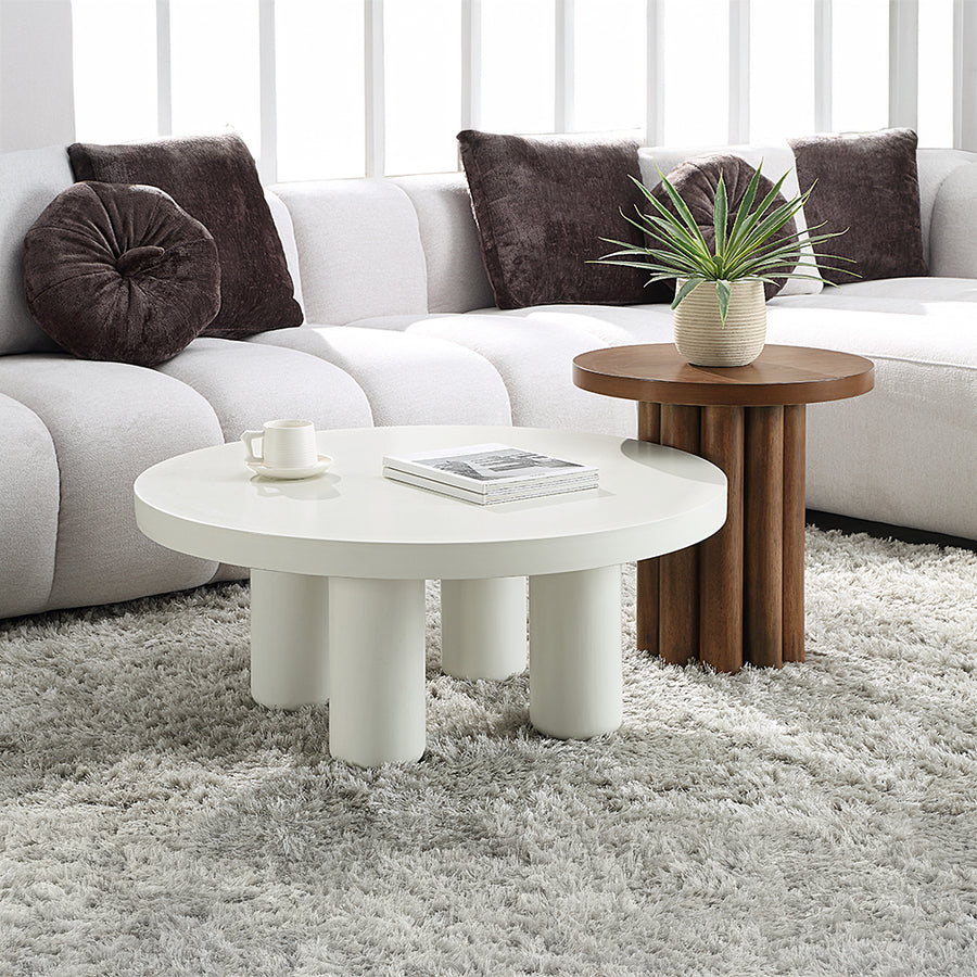 Sanat Round Coffee & End Table - Thick Tops in White or Walnut