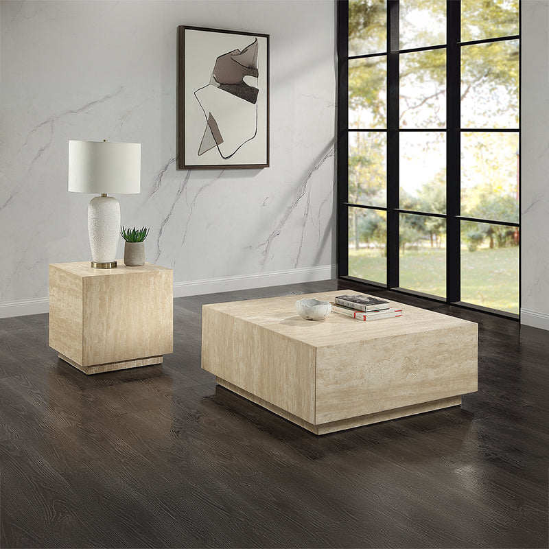Deon Natural Travertine Coffee & End Table - Square Minimalist Design in Beige