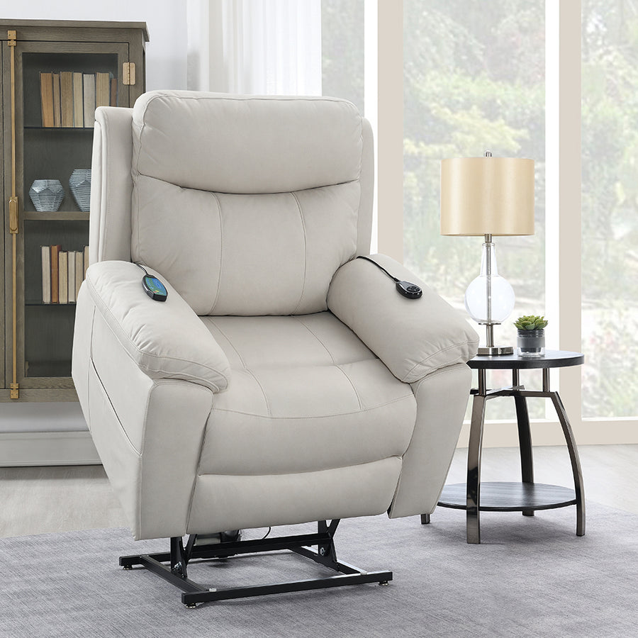 Chriki Power Lift Recliner with Heat & Massage - Pocket Coil Seat in Beige or Light Gray Polished Microfiber