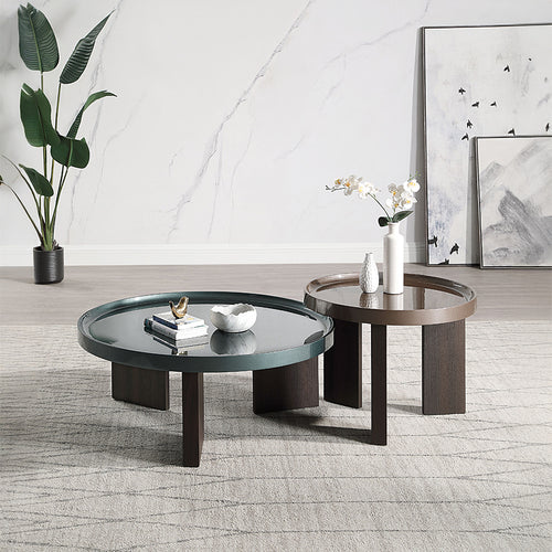 Lakita Round Coffee & End Table - High-Gloss Blackish Green & Dark Blond with Smoked Oak