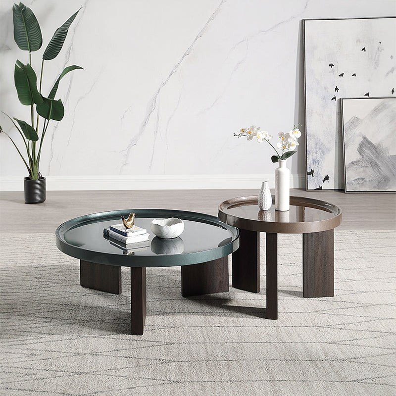 Lakita Round Coffee & End Table - High-Gloss Blackish Green & Dark Blond with Smoked Oak