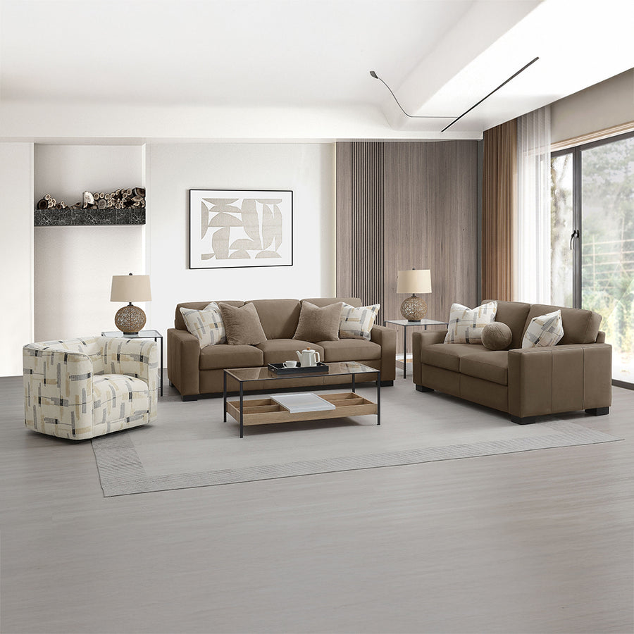 Darya Sofa, Loveseat & Swivel Chair - Pocket Coil Seating in Brown Suede with Plush Pillows