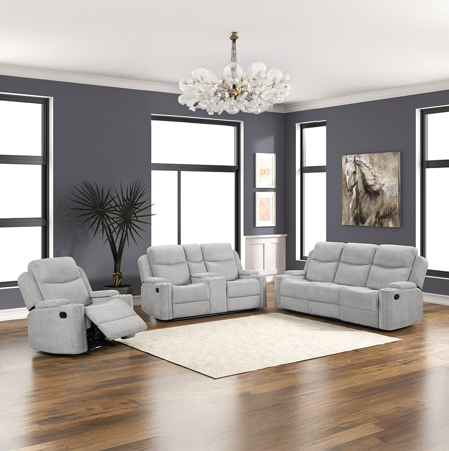 Galya Motion Reclining Collection - Storage-Arm Sofa, Console Loveseat & Glider Recliner in Light Gray Chenille