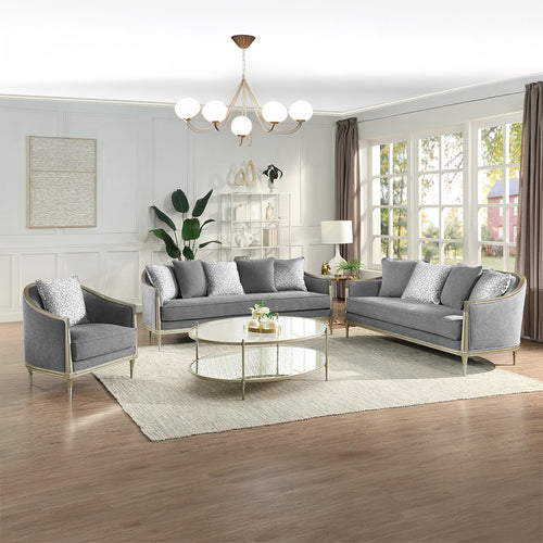 Fernando Contemporary Sofa & Loveseat - Pocket Coil Seats & Champagne Accents in Gray Chenille