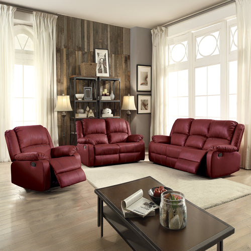 Zuriel Reclining Sofa, Loveseat & Rocker Recliner - Pocket Coil Seats & Faux Leather in Red, Brown or Black