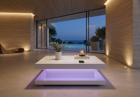 Front view of the Lumina high-gloss white lacquer bloc coffee table in a modern living room