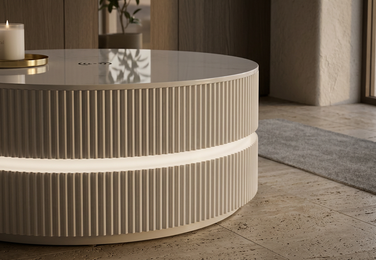 Architectural coffee table with soft halo light base in a contemporary living room setting.