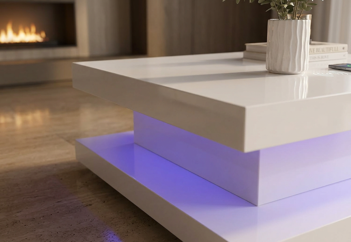 Angled view of the floating monolithic silhouette of the contemporary white bloc table