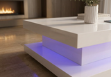 Angled view of the floating monolithic silhouette of the contemporary white bloc table