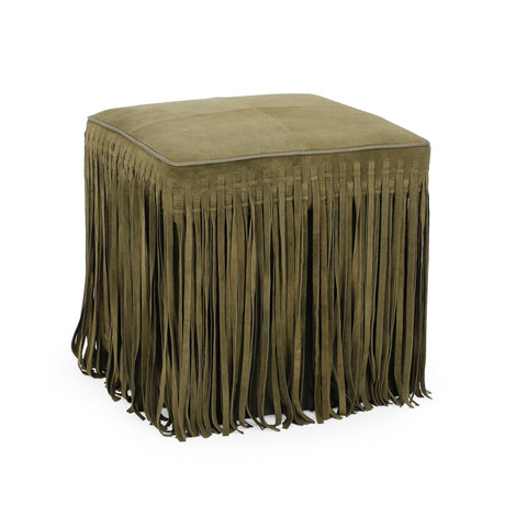 Daphne square suede fringe ottoman displayed in a modern apartment living room