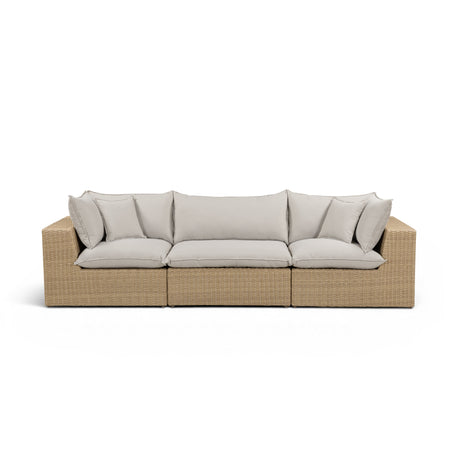 Cali 120-inch performance fabric sofa high-angle layout view