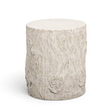 Front view of cast concrete side table showcasing realistic faux wood grain texture