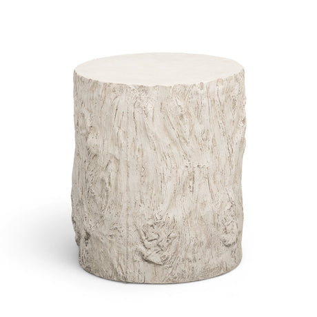 Fawn driftwood concrete indoor outdoor side table with organic tree-stump silhouette
