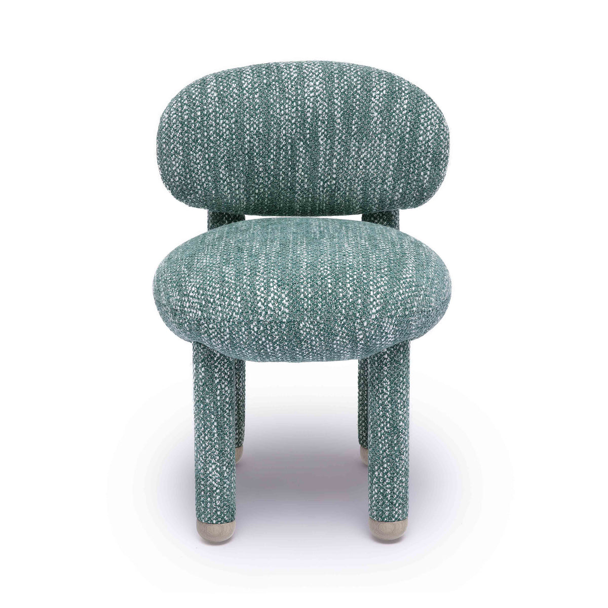 Manu Performance Fabric Side Chair detail of chunky fully upholstered leg joints