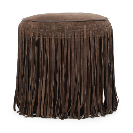 Chocolate Brown Daphne Fringe Ottoman paired beside an accent armchair