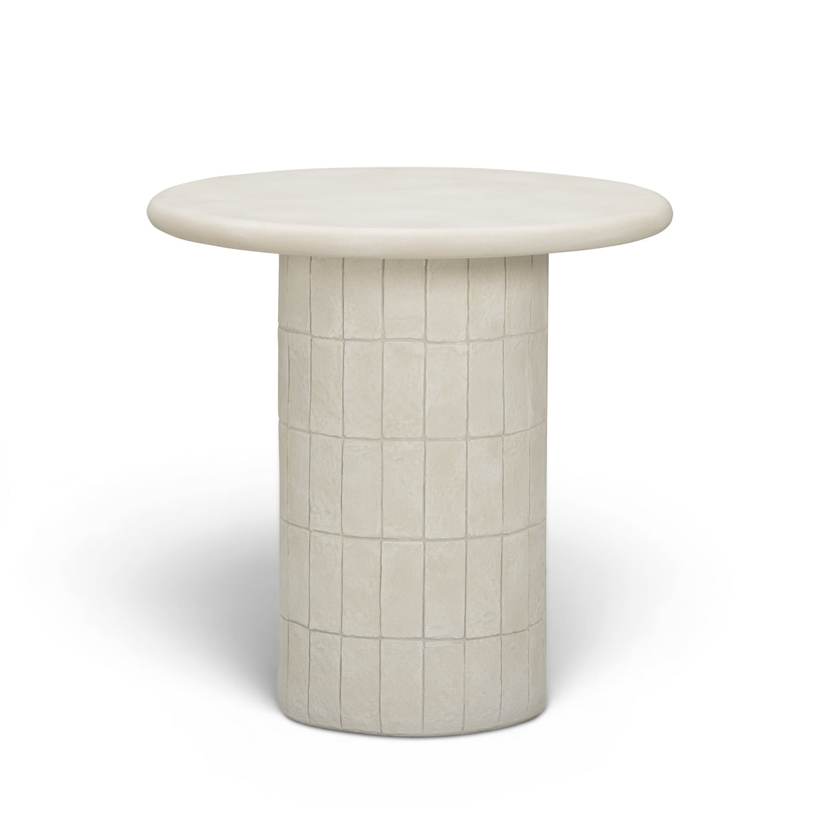 Fafo beige round concrete indoor outdoor side table placed on modern patio
