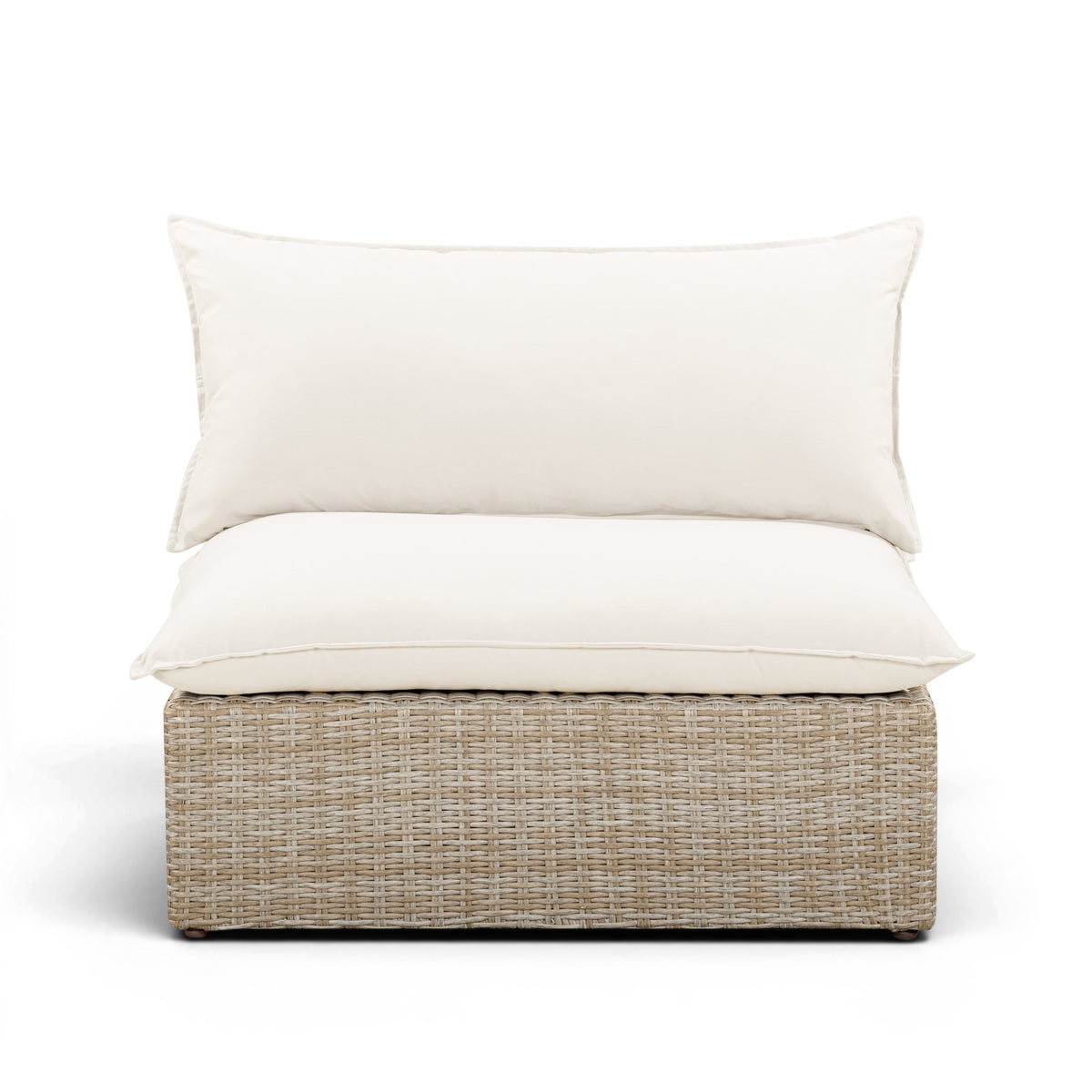 Underside base and supportive feet of the Cali outdoor wicker armless chair frame